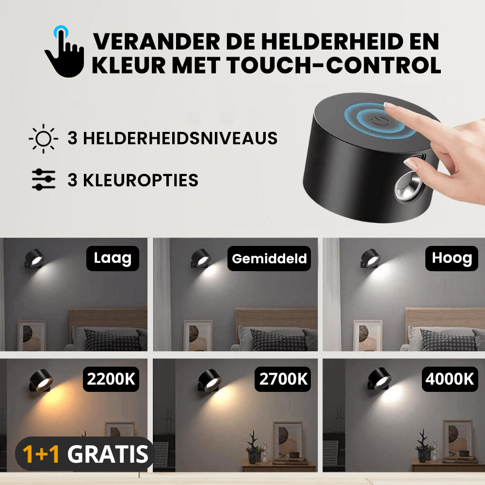 Draadloze Wandlamp – Oplaadbaar & 360° Draaibaar